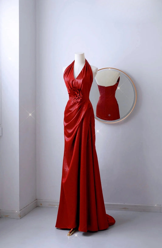 Sexy Mermaid Halter Red Sequin Prom Dresses Long Party Dress 21st Birthday Outfits Graduation Dress AU008