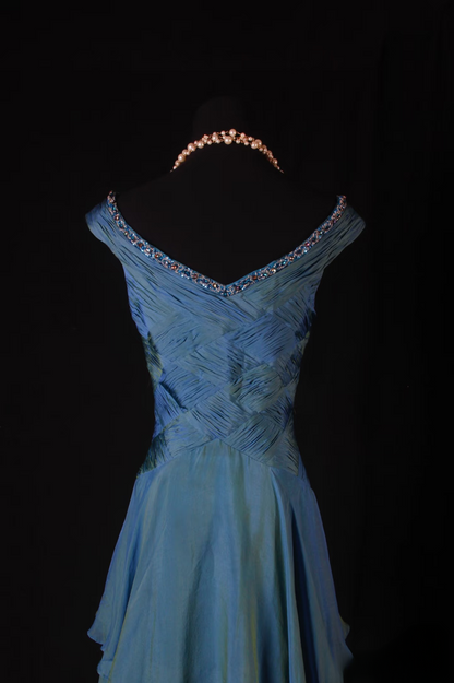 Vintage Prom Dresses 1950s Retro Classy A Line V Neck Teal Blue Chiffon Inspo Long Prom Gown AU008