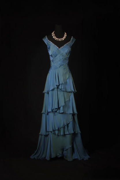 Vintage Prom Dresses 1950s Retro Classy A Line V Neck Teal Blue Chiffon Inspo Long Prom Gown AU008
