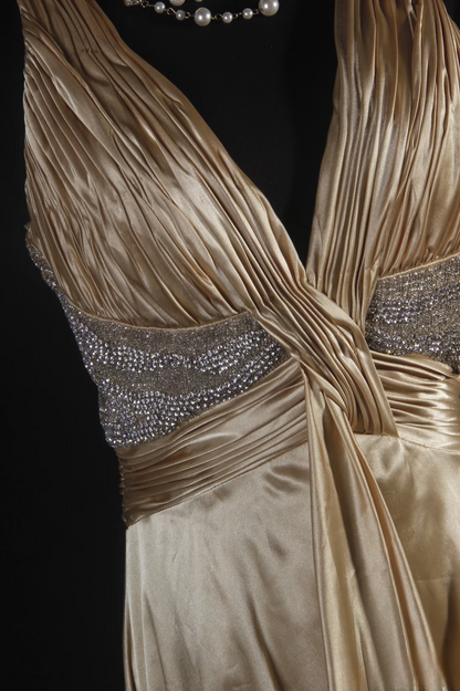 Vintage Prom Dresses 1950s Retro Classy A Line V Neck Gold Satin Backless Inspo Long Prom Gown AU009