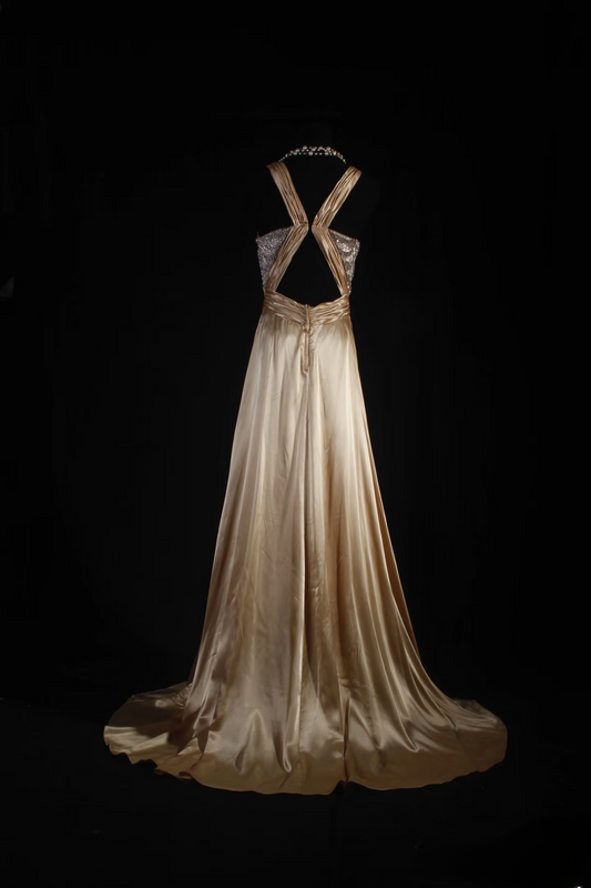 Vintage Prom Dresses 1950s Retro Classy A Line V Neck Gold Satin Backless Inspo Long Prom Gown AU009