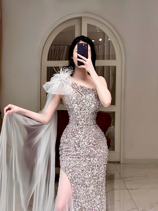 Sheath One Shoulder Sleeveless Sequin Floor Length Stunning Prom Dresses 2026 Inspiration Prom Dress Princess Graduation Dress AU010