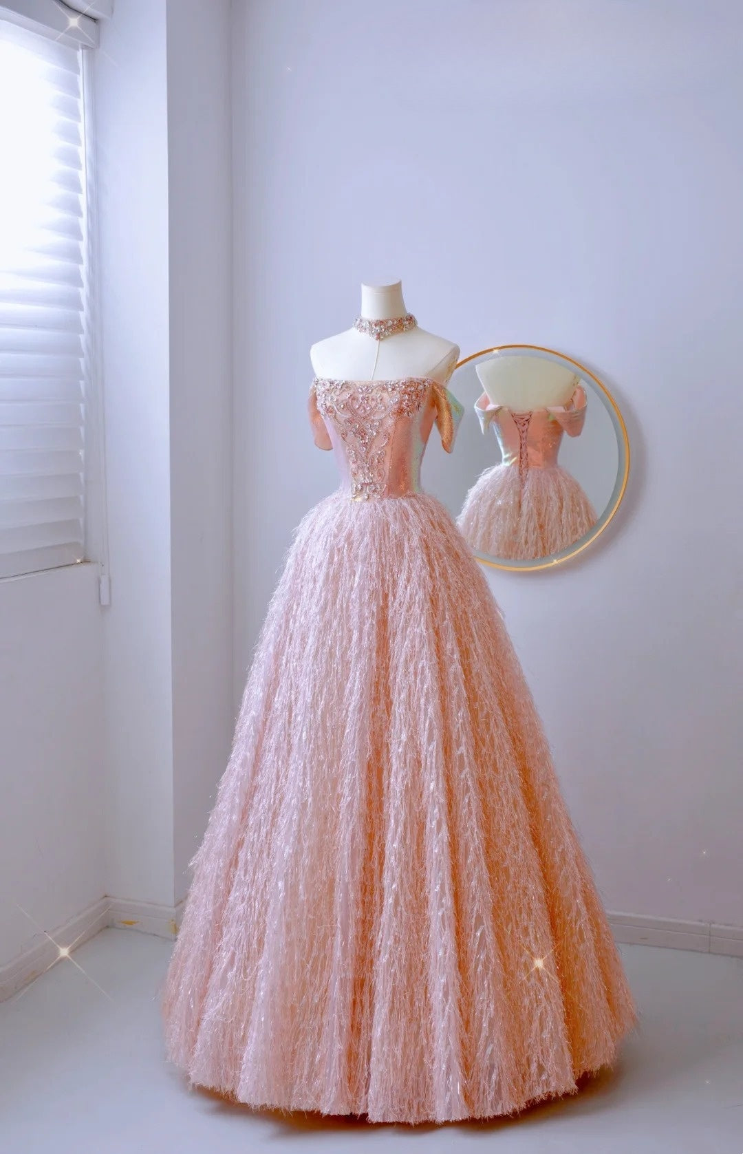 Modest Ball Gown Off The Shoulder Blush Pink Sequin Prom Dresses Long Party Dress 21st Birthday Outfits Graduation Dress AU010