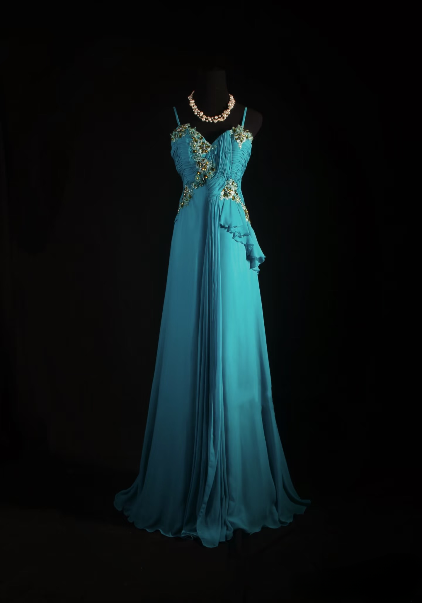 Retro Prom Dresses A Line Spaghetti Strap Blue Chiffon Vintage Fashion Long Prom Dresses Party Gowns AU010