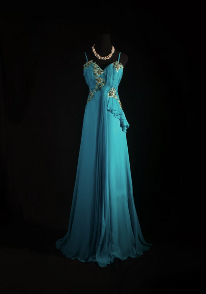 Retro Prom Dresses A Line Spaghetti Strap Blue Chiffon Vintage Fashion Long Prom Dresses Party Gowns AU010