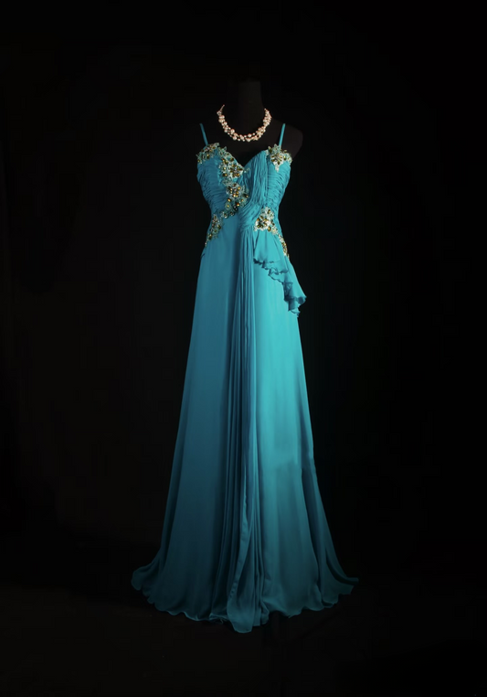 Retro Prom Dresses A Line Spaghetti Strap Blue Chiffon Vintage Fashion Long Prom Dresses Party Gowns AU010