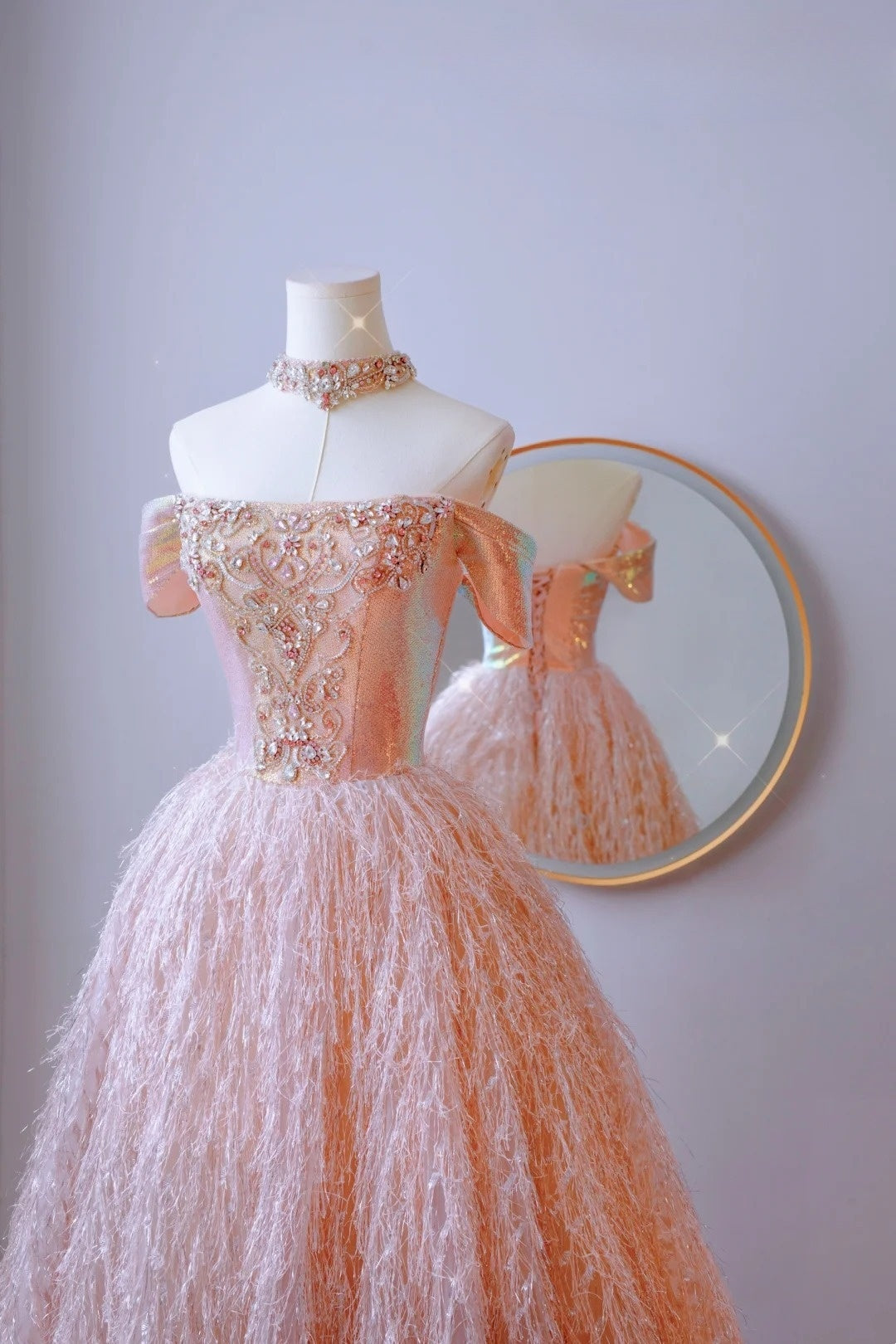 Modest Ball Gown Off The Shoulder Blush Pink Sequin Prom Dresses Long Party Dress 21st Birthday Outfits Graduation Dress AU010