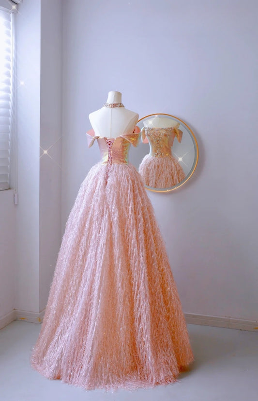 Modest Ball Gown Off The Shoulder Blush Pink Sequin Prom Dresses Long Party Dress 21st Birthday Outfits Graduation Dress AU010