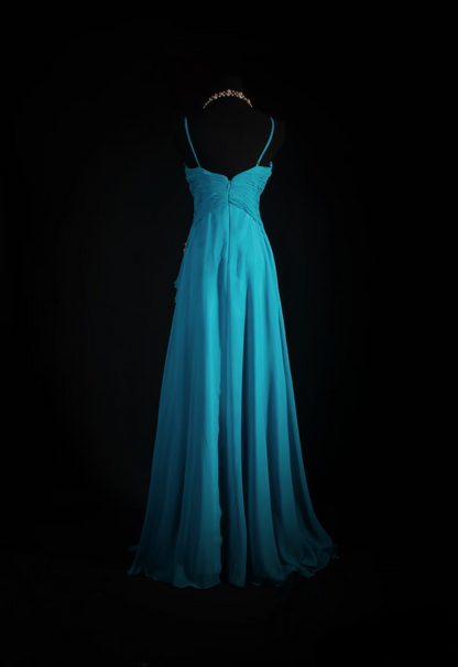 Retro Prom Dresses A Line Spaghetti Strap Blue Chiffon Vintage Fashion Long Prom Dresses Party Gowns AU010