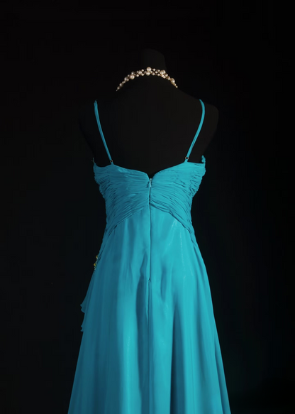 Retro Prom Dresses A Line Spaghetti Strap Blue Chiffon Vintage Fashion Long Prom Dresses Party Gowns AU010