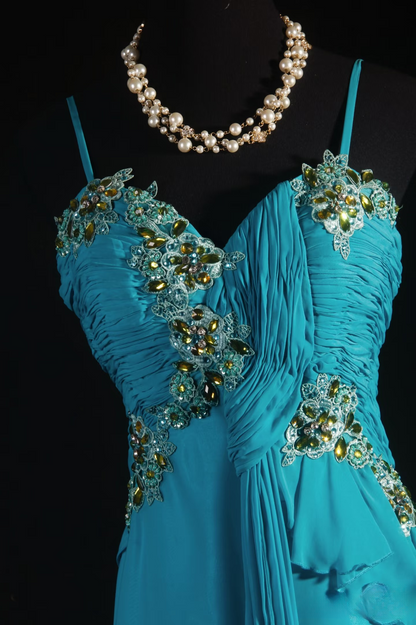 Retro Prom Dresses A Line Spaghetti Strap Blue Chiffon Vintage Fashion Long Prom Dresses Party Gowns AU010