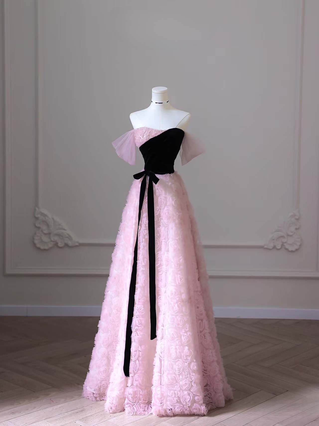 Elegant A Line Strapless Sleeveless Pink Flowers Tulle Floor Length Amazing Prom Dress Inspiration Ideas Prom Inspo Dresses Graduation Dress AU011