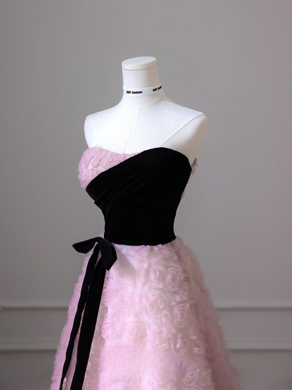 Elegant A Line Strapless Sleeveless Pink Flowers Tulle Floor Length Amazing Prom Dress Inspiration Ideas Prom Inspo Dresses Graduation Dress AU011