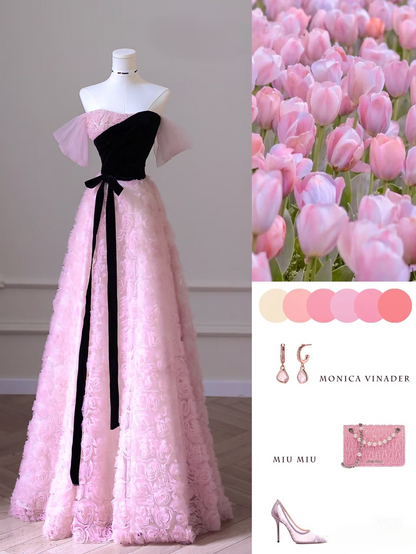 Elegant A Line Strapless Sleeveless Pink Flowers Tulle Floor Length Amazing Prom Dress Inspiration Ideas Prom Inspo Dresses Graduation Dress AU011