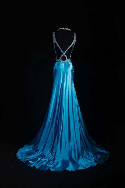 Vintage Prom Dresses 1950s Retro Classy Mermaid Sweetheart Blue Satin Slit Inspo Long Prom Gown AU011