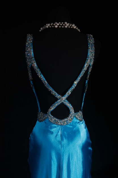 Vintage Prom Dresses 1950s Retro Classy Mermaid Sweetheart Blue Satin Slit Inspo Long Prom Gown AU011