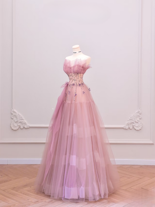 Elegant Ball Gown Strapless Sleeveless Pink Tulle Floor Length Amazing Prom Dress Inspiration Ideas Prom Inspo Dresses Graduation Dress AU012