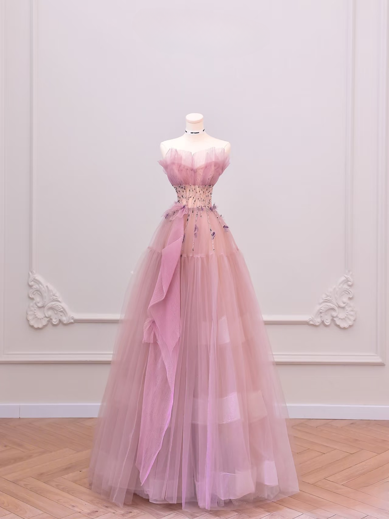 Elegant Ball Gown Strapless Sleeveless Pink Tulle Floor Length Amazing Prom Dress Inspiration Ideas Prom Inspo Dresses Graduation Dress AU012