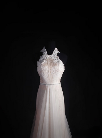 Retro Prom Dresses A Line Halter White Tulle Lace Vintage Long Prom Dresses Party Gowns AU012