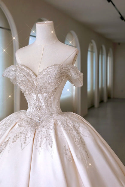 Whimsical Ball Gown Off The Shoulder Satin Fitted Long Lace Wedding Dress Bride Gowns Wedding Dresses AU013