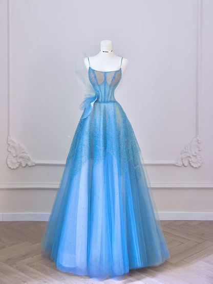Elegant Ball Gown Spaghetti Straps Sleeveless Blue Tulle Floor Length Amazing Prom Dress Inspiration Ideas Prom Inspo Dresses Graduation Dress AU014