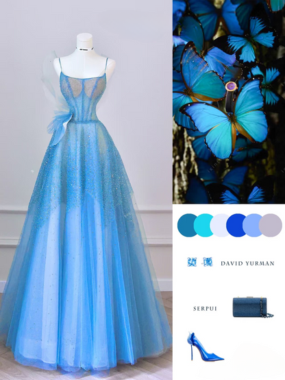 Elegant Ball Gown Spaghetti Straps Sleeveless Blue Tulle Floor Length Amazing Prom Dress Inspiration Ideas Prom Inspo Dresses Graduation Dress AU014