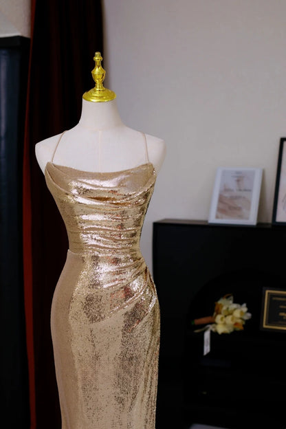 Sexy Mermaid Halter Gold Sequin Prom Dresses Long Party Dress 21st Birthday Outfits Formal Dress AU014
