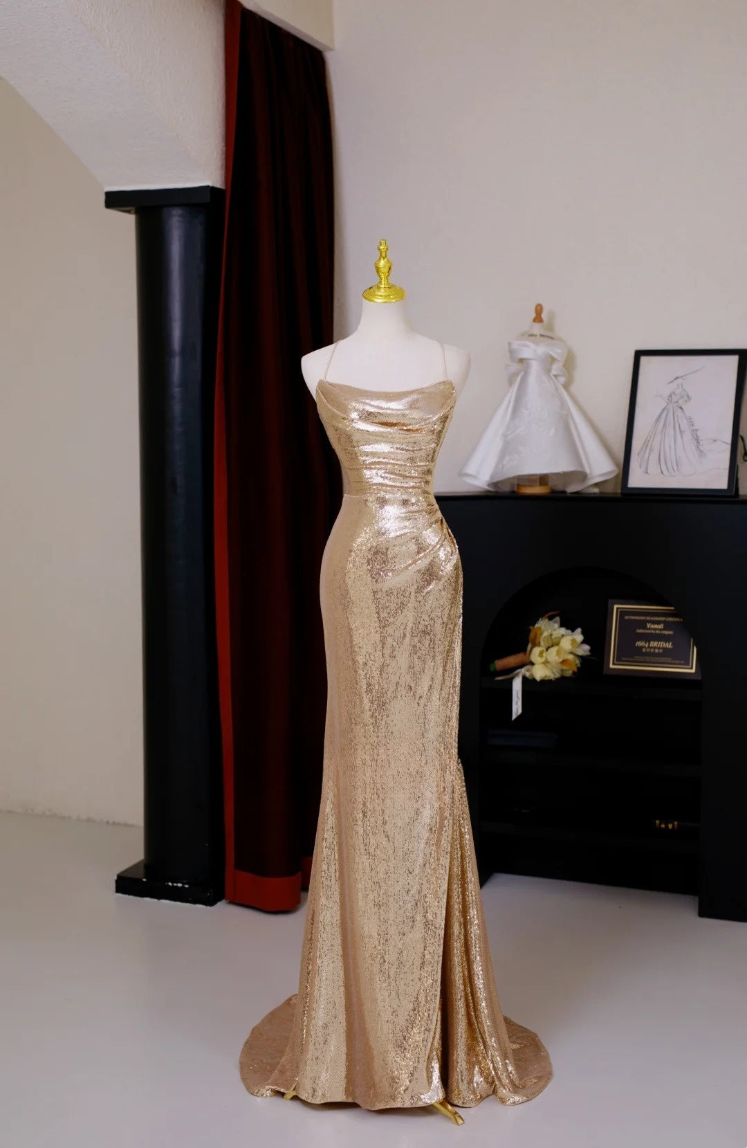 Sexy Mermaid Halter Gold Sequin Prom Dresses Long Party Dress 21st Birthday Outfits Formal Dress AU014