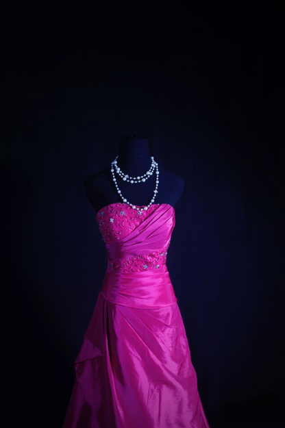 Retro Prom Dresses Ball Gown Strapless Fuchsia Satin With Appliqued Lace Vintage Long Prom Dresses Party Gowns AU015