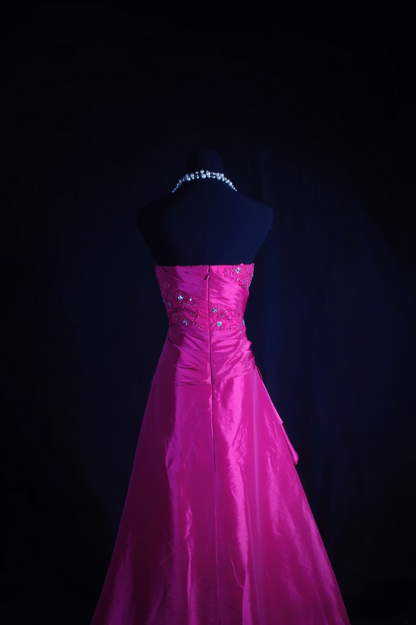 Retro Prom Dresses Ball Gown Strapless Fuchsia Satin With Appliqued Lace Vintage Long Prom Dresses Party Gowns AU015