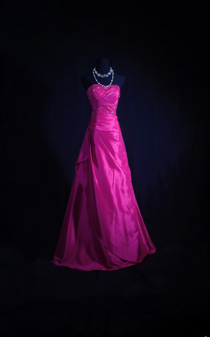 Retro Prom Dresses Ball Gown Strapless Fuchsia Satin With Appliqued Lace Vintage Long Prom Dresses Party Gowns AU015