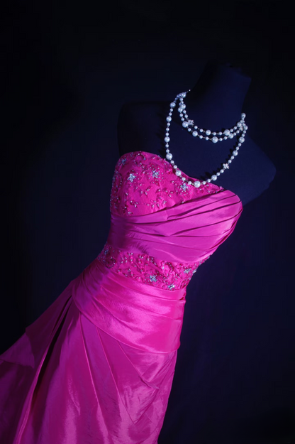 Retro Prom Dresses Ball Gown Strapless Fuchsia Satin With Appliqued Lace Vintage Long Prom Dresses Party Gowns AU015