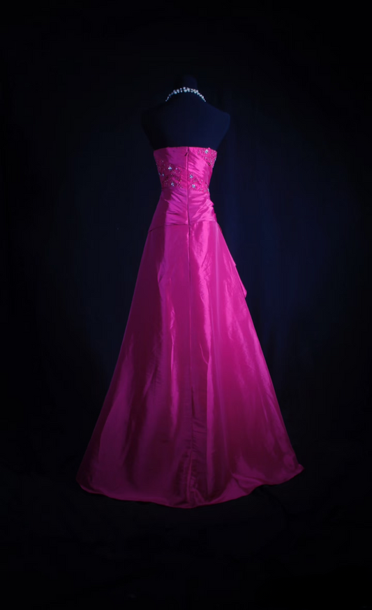 Retro Prom Dresses Ball Gown Strapless Fuchsia Satin With Appliqued Lace Vintage Long Prom Dresses Party Gowns AU015