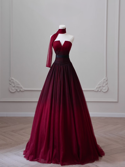 Elegant Ball Gown Strapless Sleeveless Burgundy Tulle Floor Length Amazing Prom Dress Inspiration Ideas Prom Inspo Dresses Graduation Dress AU016
