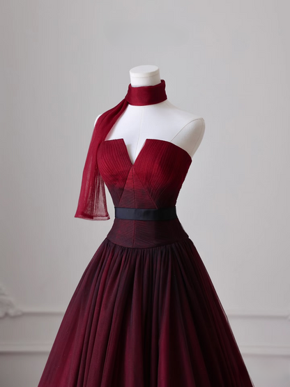Elegant Ball Gown Strapless Sleeveless Burgundy Tulle Floor Length Amazing Prom Dress Inspiration Ideas Prom Inspo Dresses Graduation Dress AU016