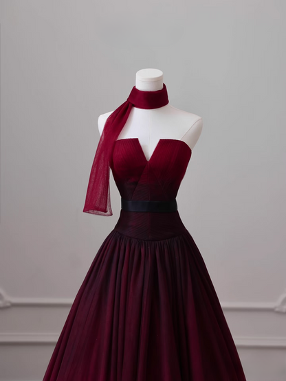 Elegant Ball Gown Strapless Sleeveless Burgundy Tulle Floor Length Amazing Prom Dress Inspiration Ideas Prom Inspo Dresses Graduation Dress AU016