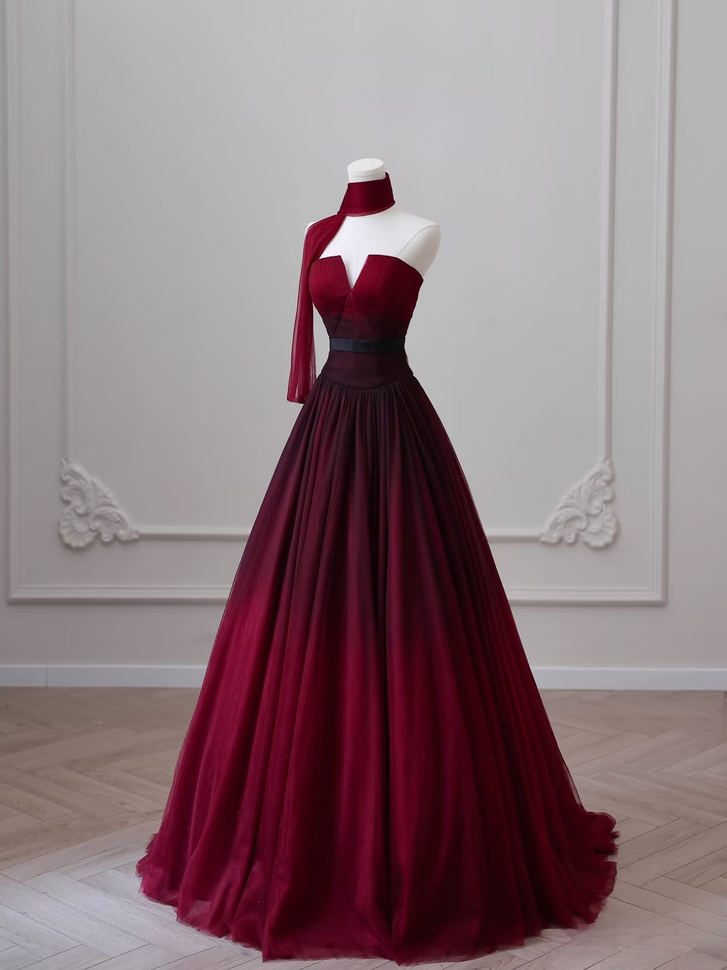 Elegant Ball Gown Strapless Sleeveless Burgundy Tulle Floor Length Amazing Prom Dress Inspiration Ideas Prom Inspo Dresses Graduation Dress AU016