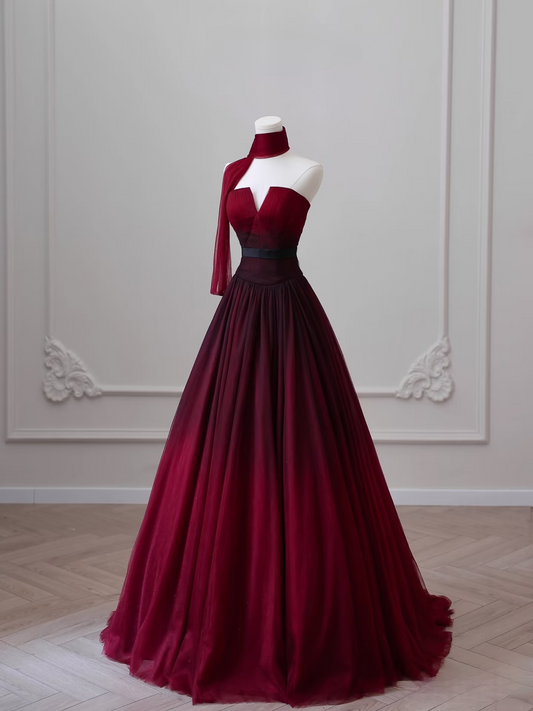 Elegant Ball Gown Strapless Sleeveless Burgundy Tulle Floor Length Amazing Prom Dress Inspiration Ideas Prom Inspo Dresses Graduation Dress AU016
