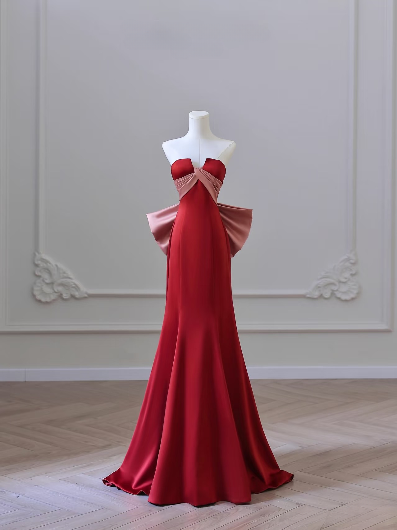 Elegant Mermaid Strapless Sleeveless Rust Red Satin Floor Length Amazing Prom Dress Inspiration Ideas Prom Inspo Dresses Graduation Dress AU017