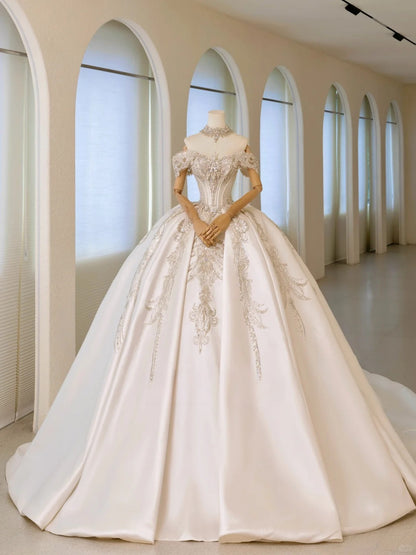 Luxury Women's Ball Gown Off The Shoulder With Beaded Appliqued White Satin Sweep Train Wedding Dresses AU017