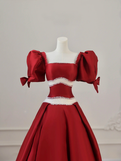 Ball Gown Square Neck Short Sleeves Burgundy Satin Floor Length Stunning Prom Dresses 2026 Inspiration Prom Dress Princess Graduation Dress AU018