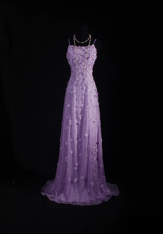 Retro Prom Dresses A Line Spaghetti Strap Lilac Tulle Vintage Fashion Long Prom Dresses Party Gowns AU019