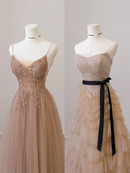 Elegant A Line Strapless Sleeveless Champagne Tulle Floor Length Amazing Prom Dress Inspiration Ideas Prom Inspo Dresses Graduation Dress AU020
