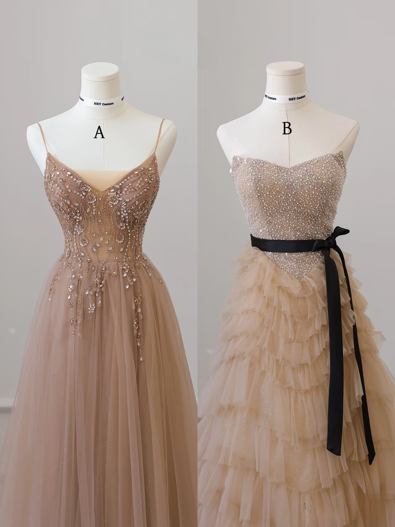 Elegant A Line Strapless Sleeveless Champagne Tulle Floor Length Amazing Prom Dress Inspiration Ideas Prom Inspo Dresses Graduation Dress AU020