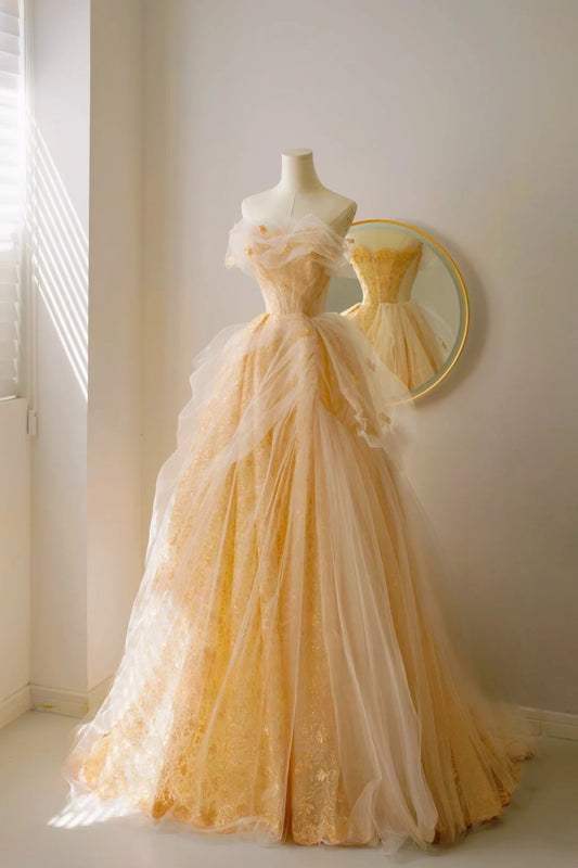 Classy Ball Gown Strapless Yellow Floor Length Tulle Prom Dresses Formal Dress Birthday Outfits Prom Gown AU020