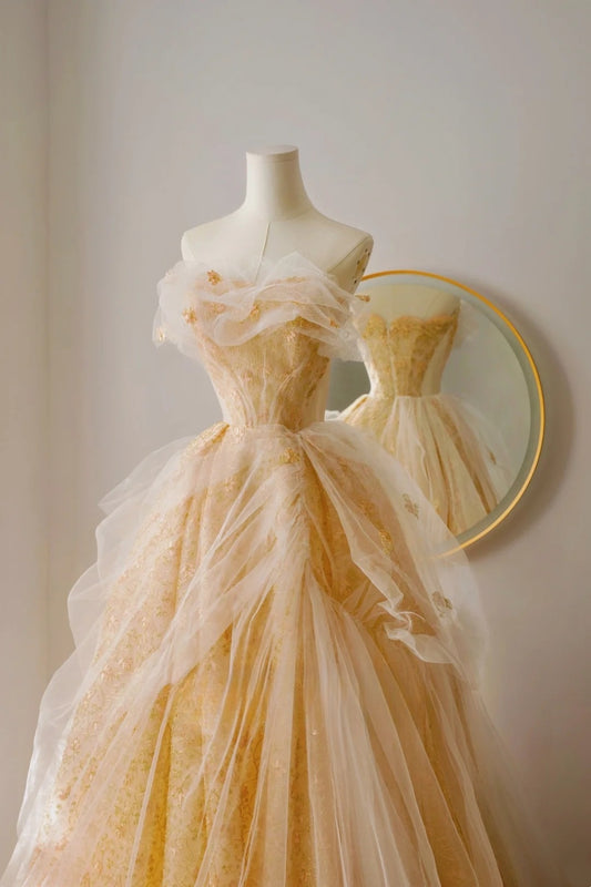 Classy Ball Gown Strapless Yellow Floor Length Tulle Prom Dresses Formal Dress Birthday Outfits Prom Gown AU020