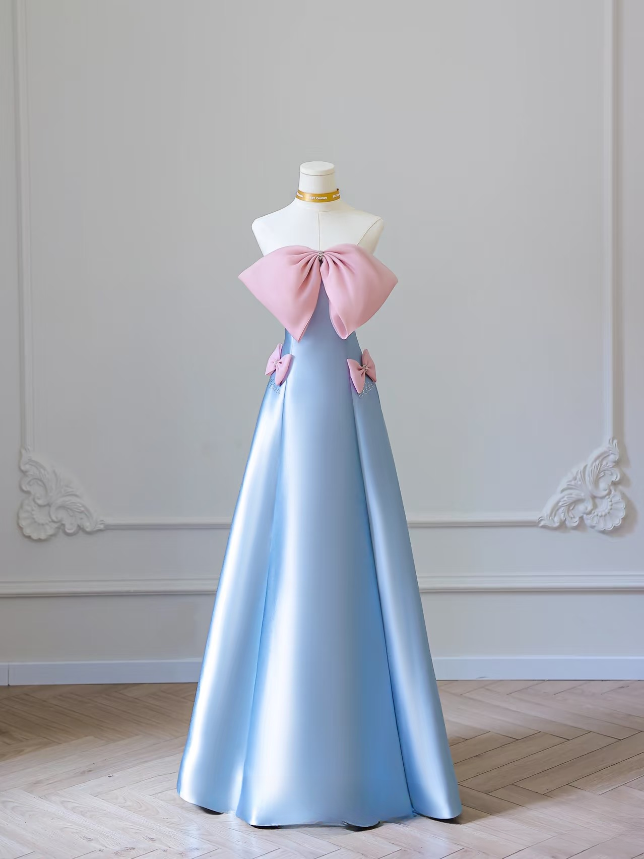 Elegant A Line Strapless Sleeveless Blue Bow Satin Floor Length Amazing Prom Dress Inspiration Ideas Prom Inspo Dresses Graduation Dress AU021