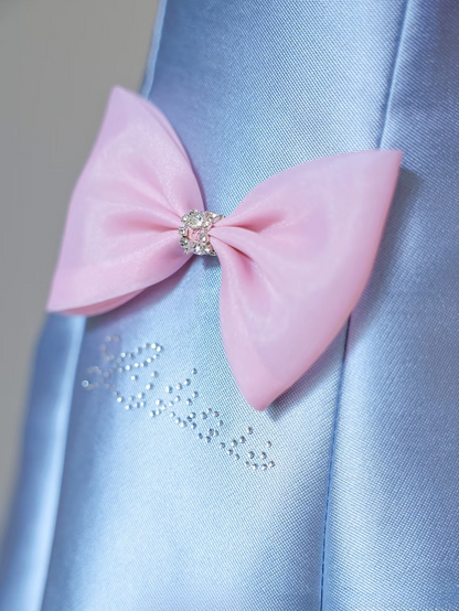 Elegant A Line Strapless Sleeveless Blue Bow Satin Floor Length Amazing Prom Dress Inspiration Ideas Prom Inspo Dresses Graduation Dress AU021