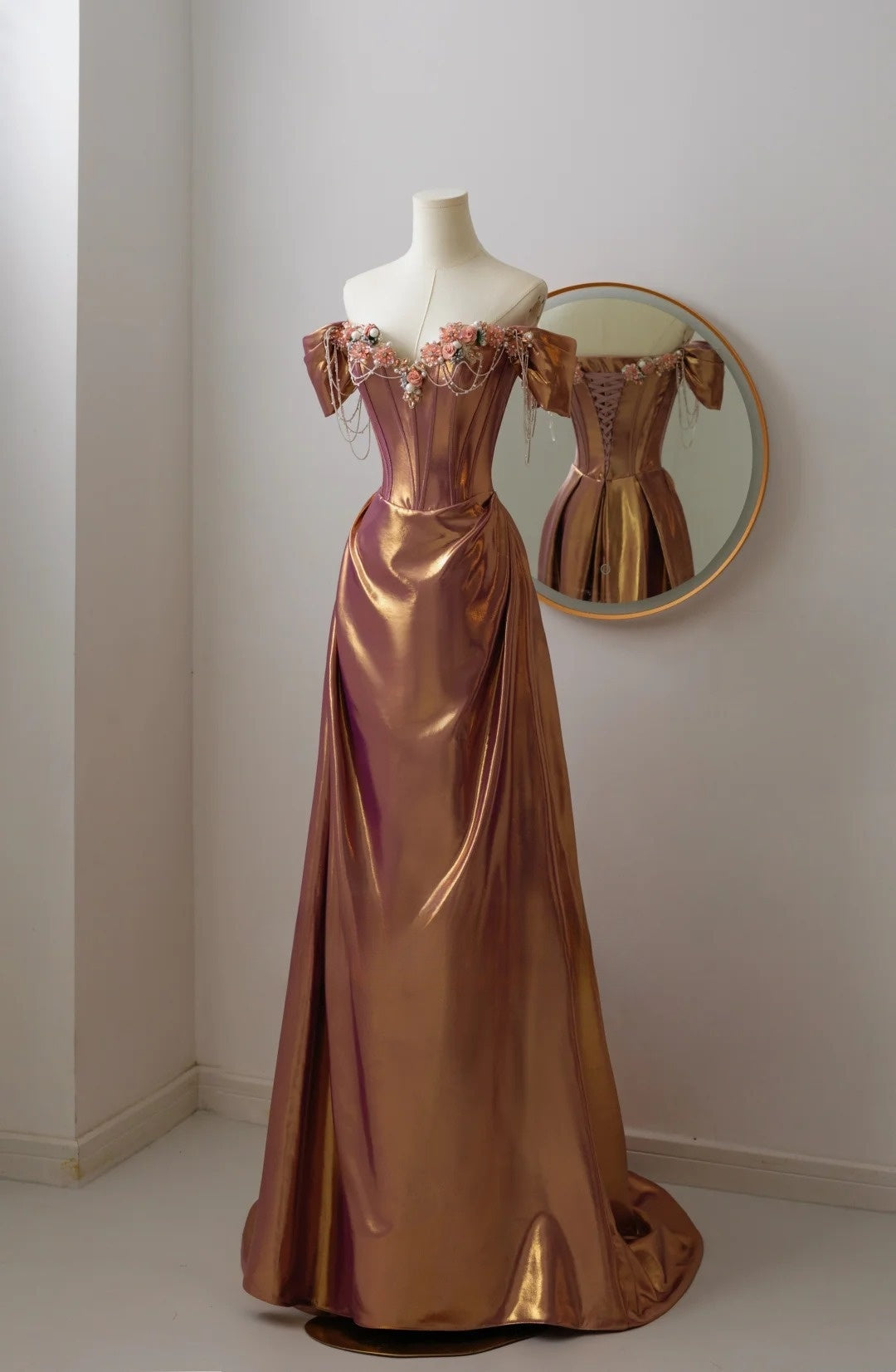 Modest Mermaid Off The Shoulder Satin Flowers Beaded Prom Dresses Long Party Dress Evening Outfits Graduation Dress AU021