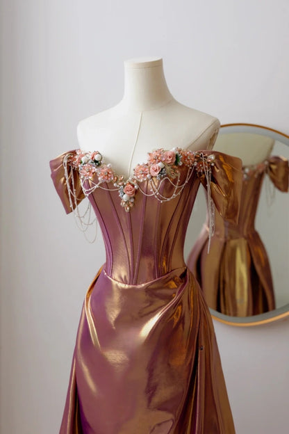Modest Mermaid Off The Shoulder Satin Flowers Beaded Prom Dresses Long Party Dress Evening Outfits Graduation Dress AU021